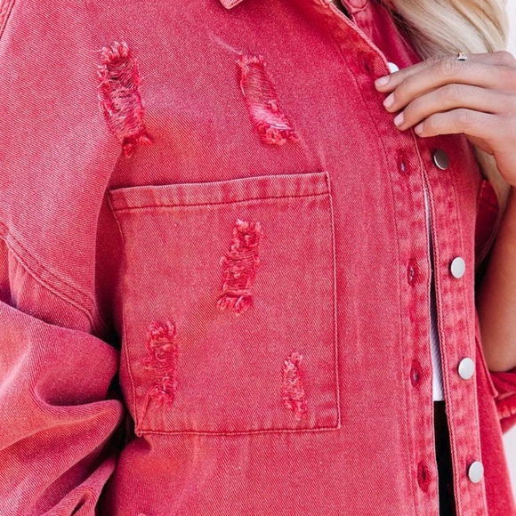 Casual Oversized Distressed Pink Denim Jacket - Picture 3 of 5